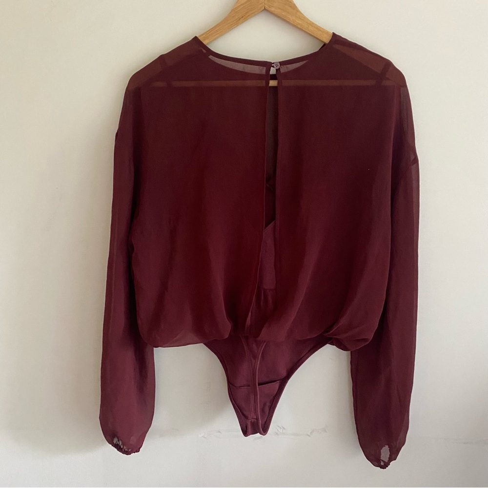 Wilfred Sheer Long Sleeve Bodysuit in Deep Maroon - Picture 3 of 8